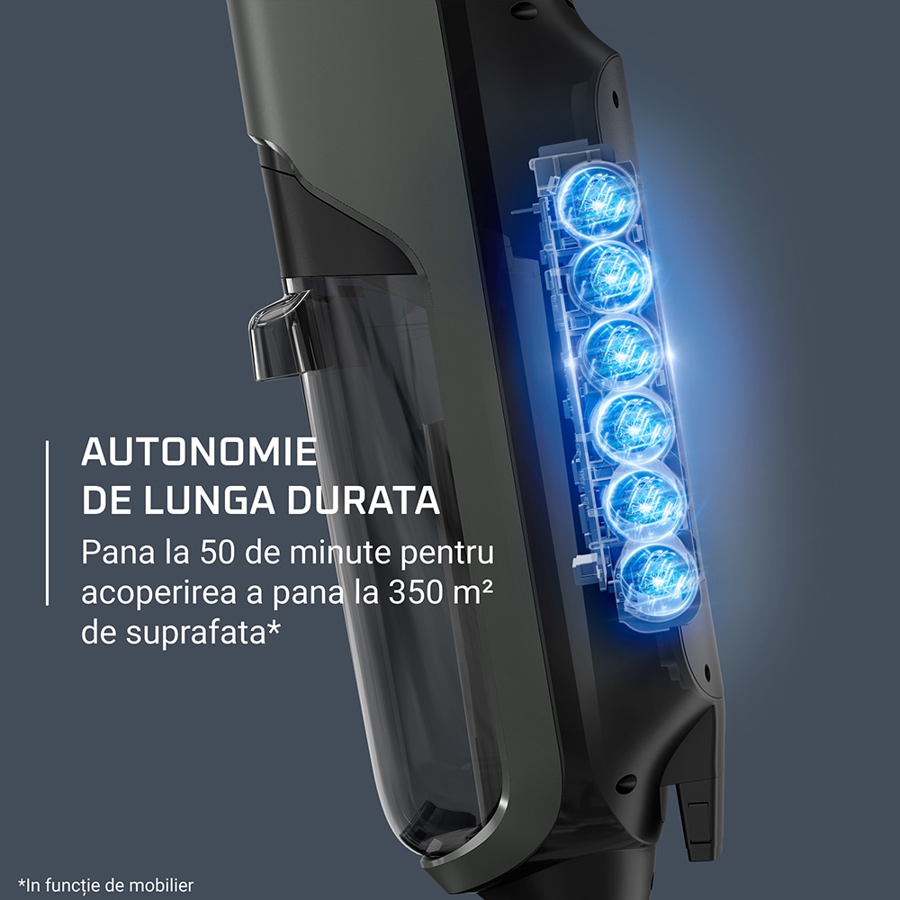 Aspirator vertical cu spalare ROWENTA X-Clean 4 GZ5035WO, 0.73l, 22V, autonomie max 50 min, functie autocuratare, negru