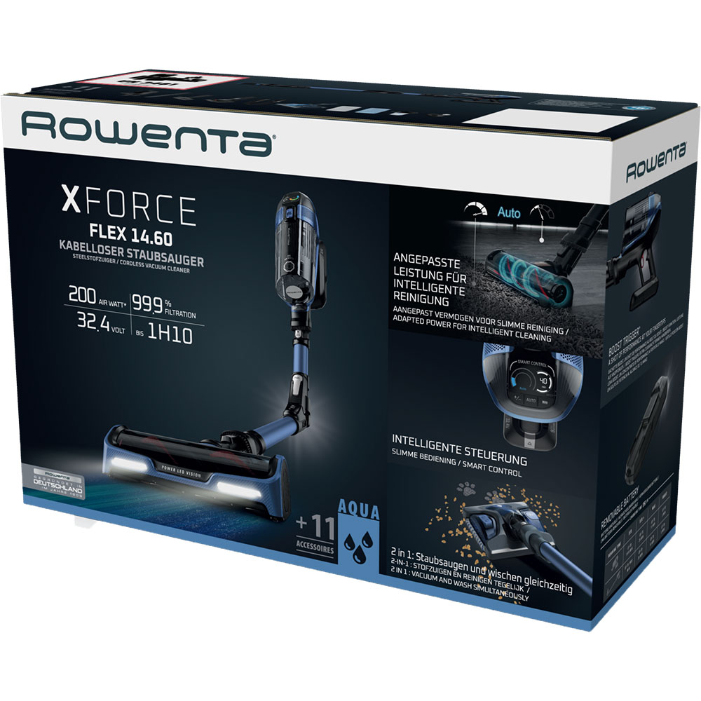 Aspirator vertical ROWENTA X-Force 14.6 Auto Aqua RH99C0WO, 0.9l, 32.4V, autonomie max 70 min, albastru-negru