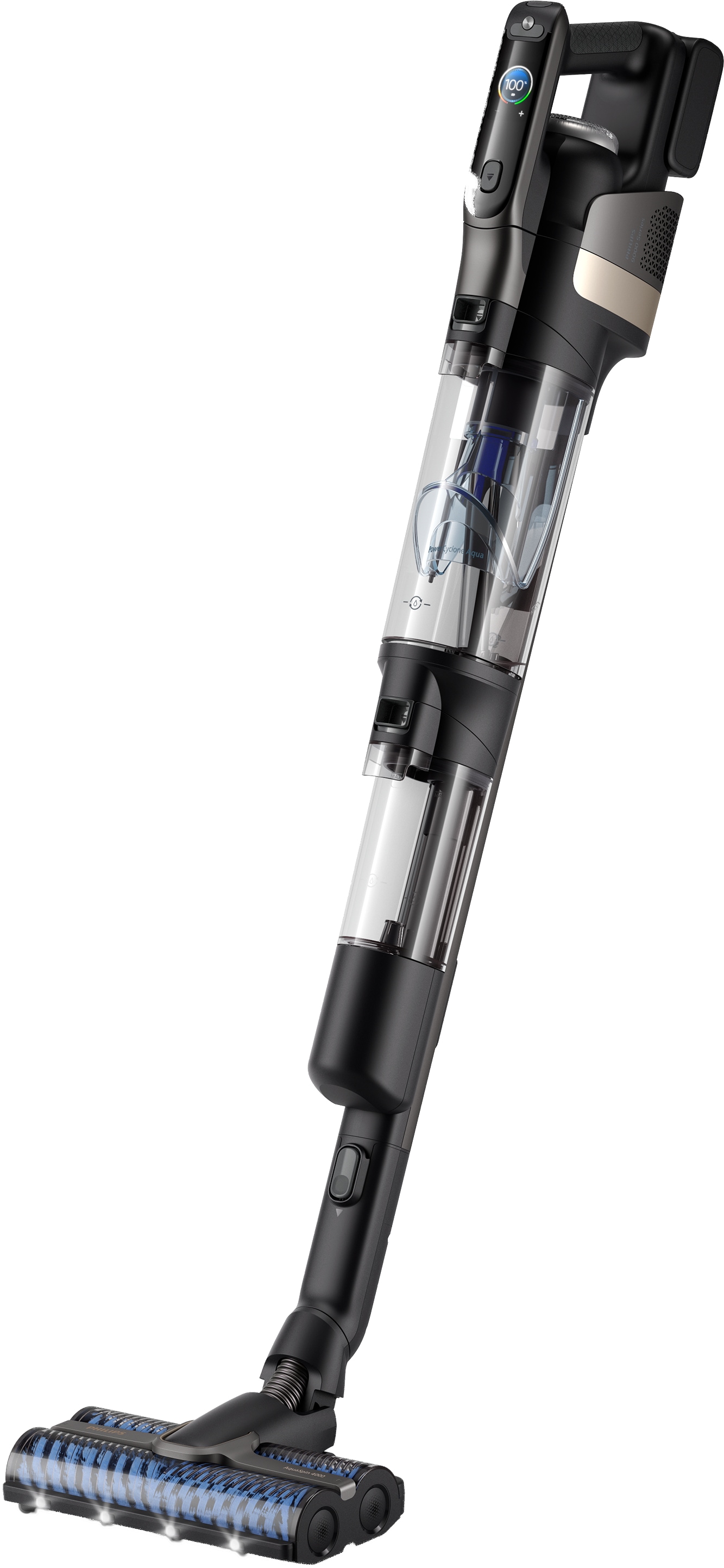 Aspirator vertical PHILIPS AquaTrio Seria 9000 XW9465/11, 0.84l, 25.2V, autonomie max 90 min, PowerCyclone Aqua, negru-alb