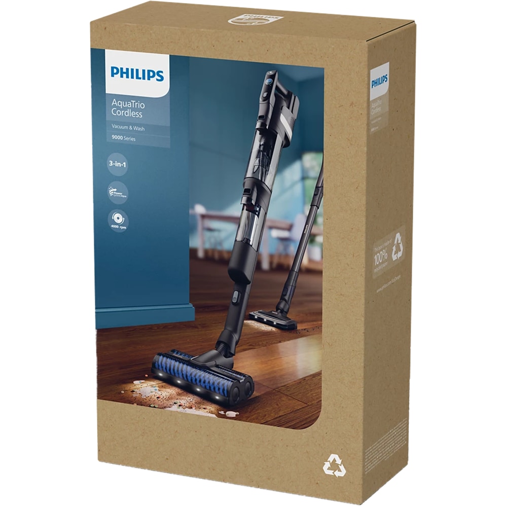 Aspirator vertical PHILIPS AquaTrio Seria 9000 XW9465/11, 0.84l, 25.2V, autonomie max 90 min, PowerCyclone Aqua, negru-alb