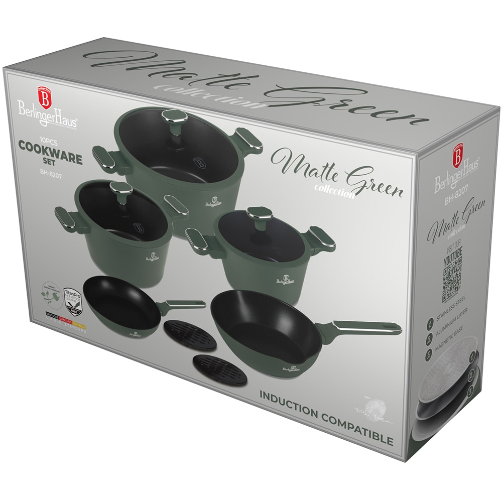 Set vase de gatit BERLINGER HAUS BH 8207, 10 piese, 1-6.1l, 20-28 cm, aluminiu, verde mat