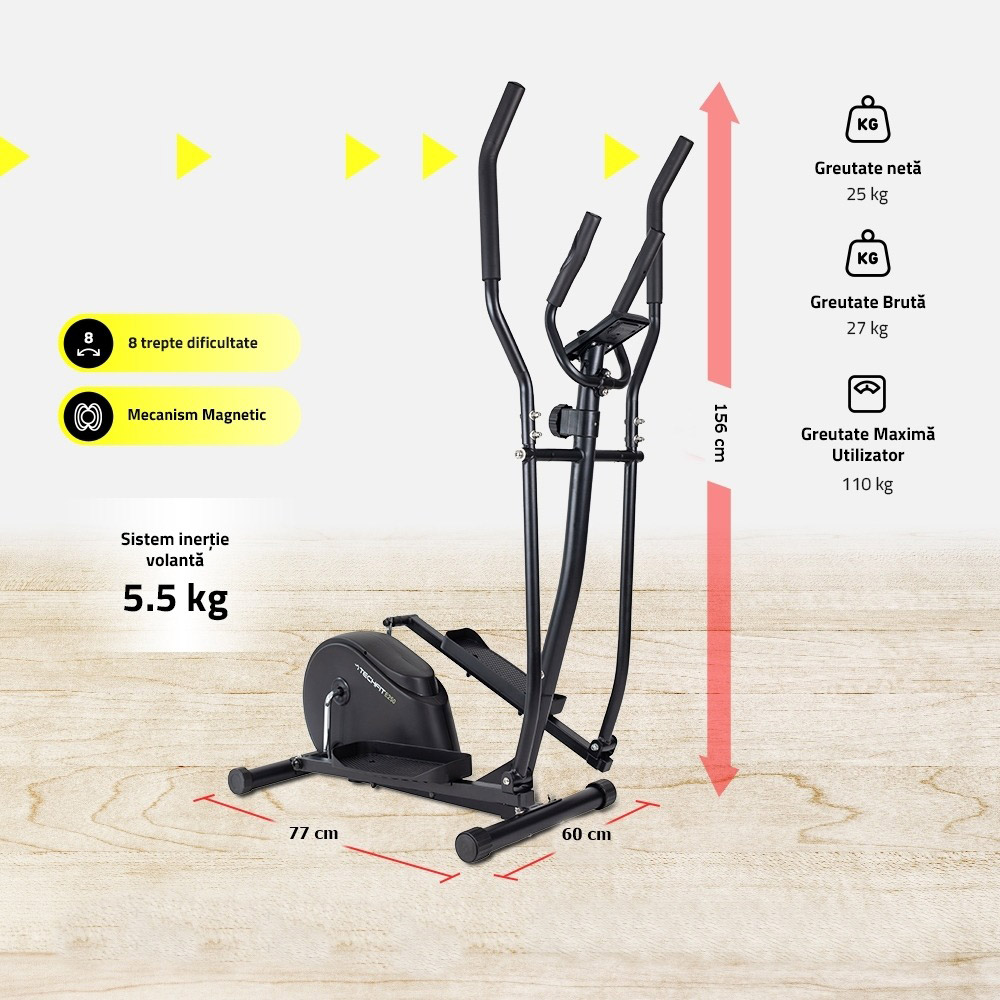 Bicicleta eliptica TECHFIT E250N, volanta 5 kg, greutate suportata 110 kg, negru