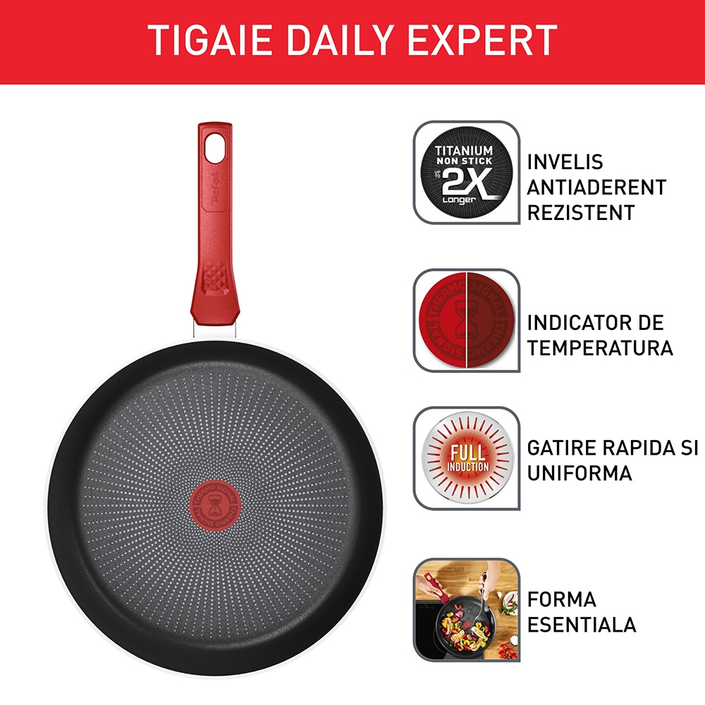Tigaie TEFAL Daily Expert, 20cm, aluminiu, Thermo-Signal, invelis antiaderent, rosu