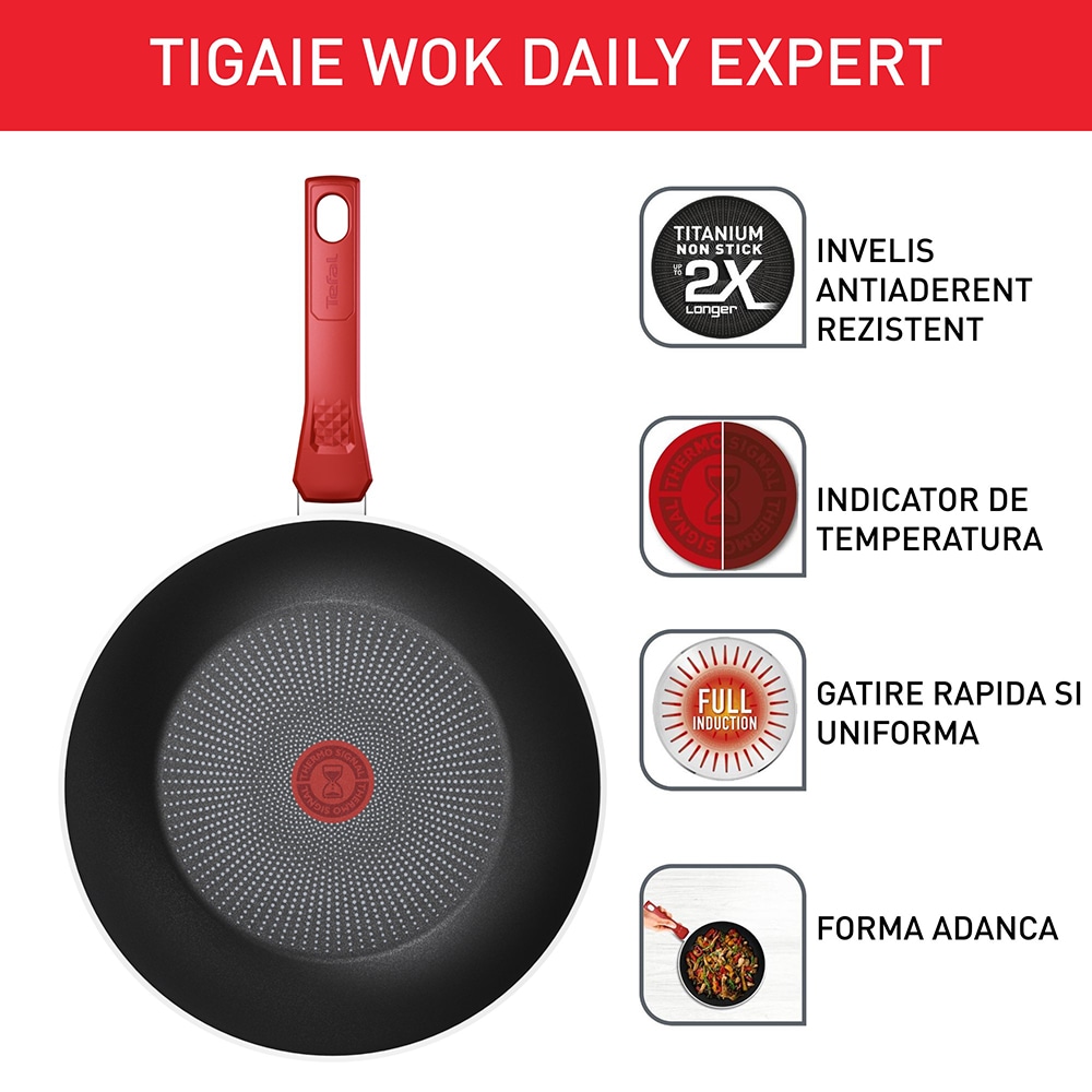 Tigaie Wok TEFAL Daily Expert, 28 cm, aluminiu, Thermo-Signal, invelis antiaderent, rosu
