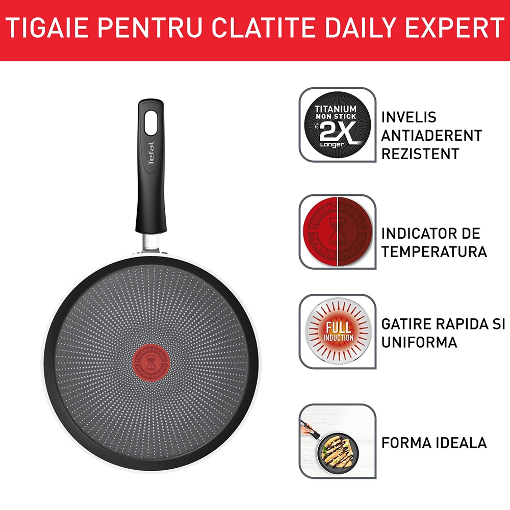 Tigaie clatite TEFAL Daily Expert, 25 cm, aluminiu, Thermo-Signal, invelis antiaderent, rosu