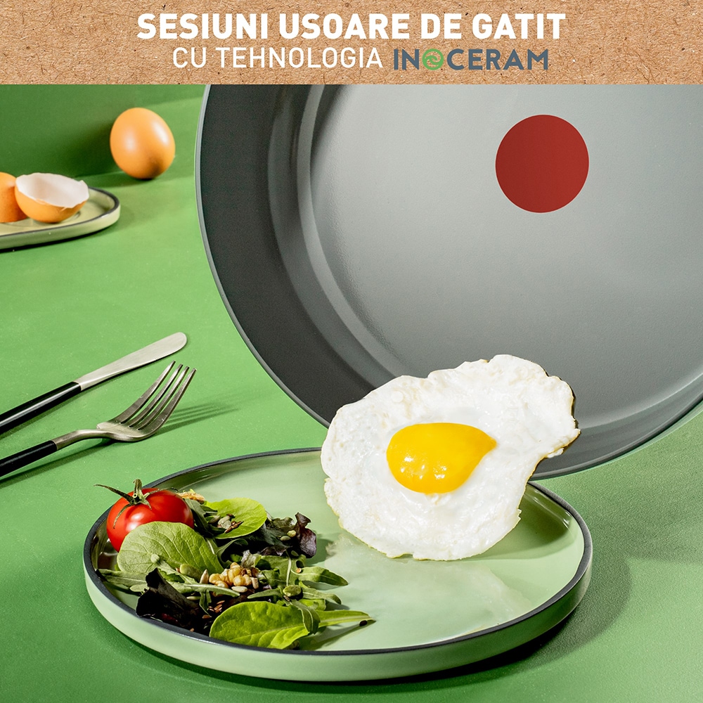 Tigaie TEFAL Renew+, 28 cm, aluminiu reciclat, Thermo-Signal, invelis ceramic, gri