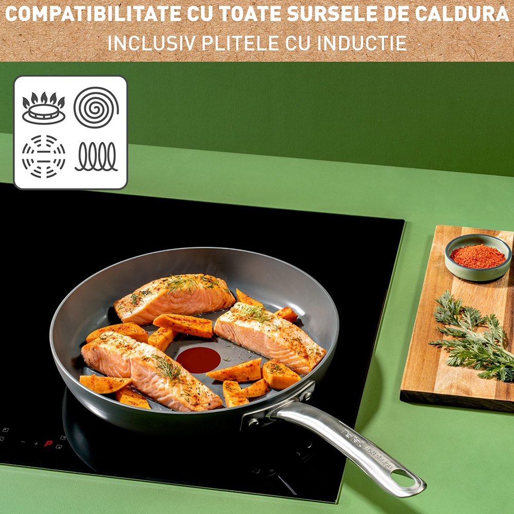 Tigaie TEFAL Renew+, 28 cm, aluminiu reciclat, Thermo-Signal, invelis ceramic, gri