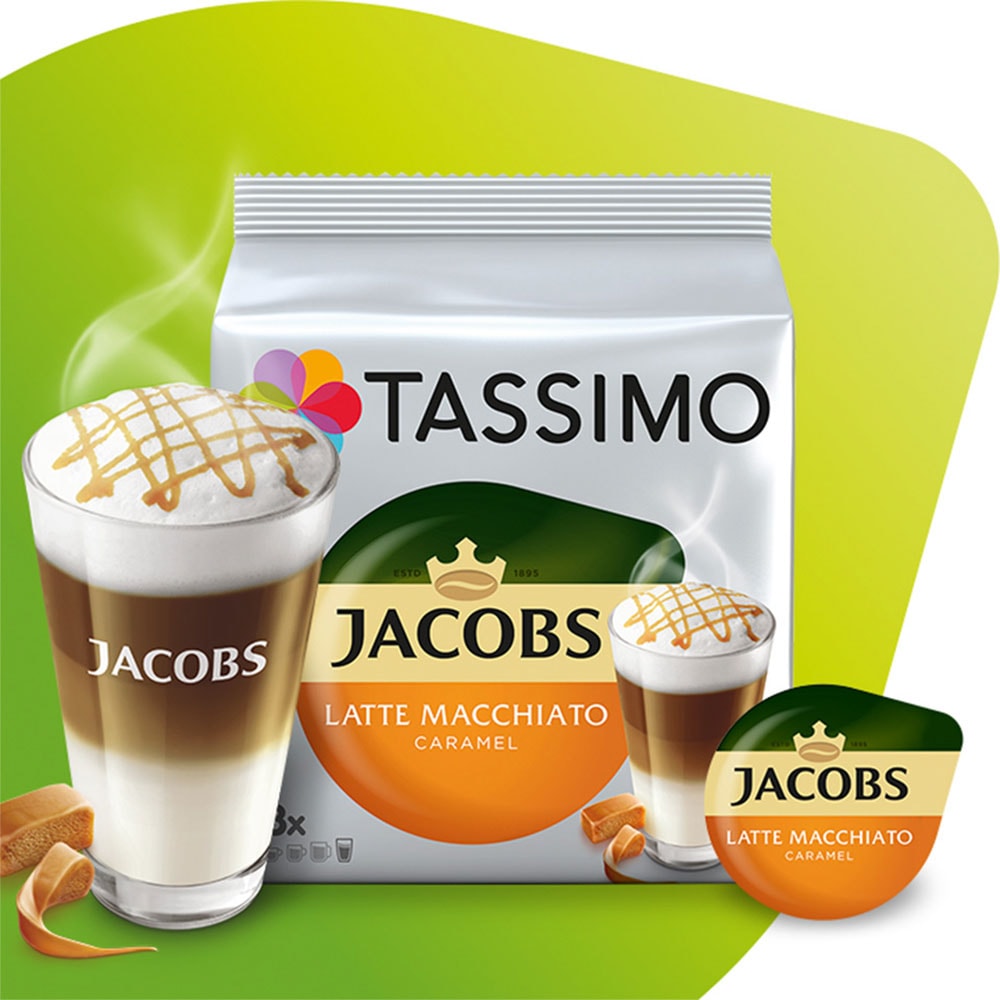 Capsule cafea TASSIMO Jacobs Caramel Macchiato, 8 capsule cafea + 8 capsule lapte, 268g