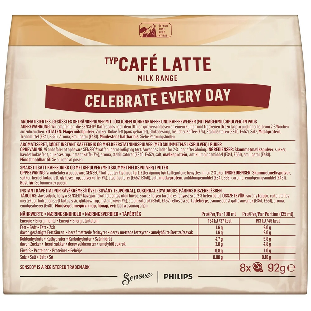 Paduri cafea SENSEO Cafe Latte, 8 paduri, 92g