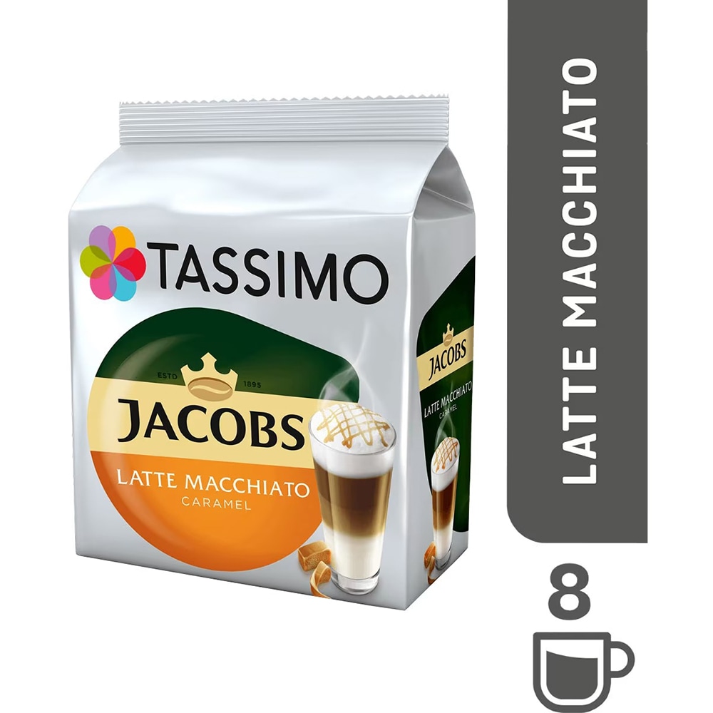 Capsule cafea TASSIMO Jacobs Caramel Macchiato, 8 capsule cafea + 8 capsule lapte, 268g