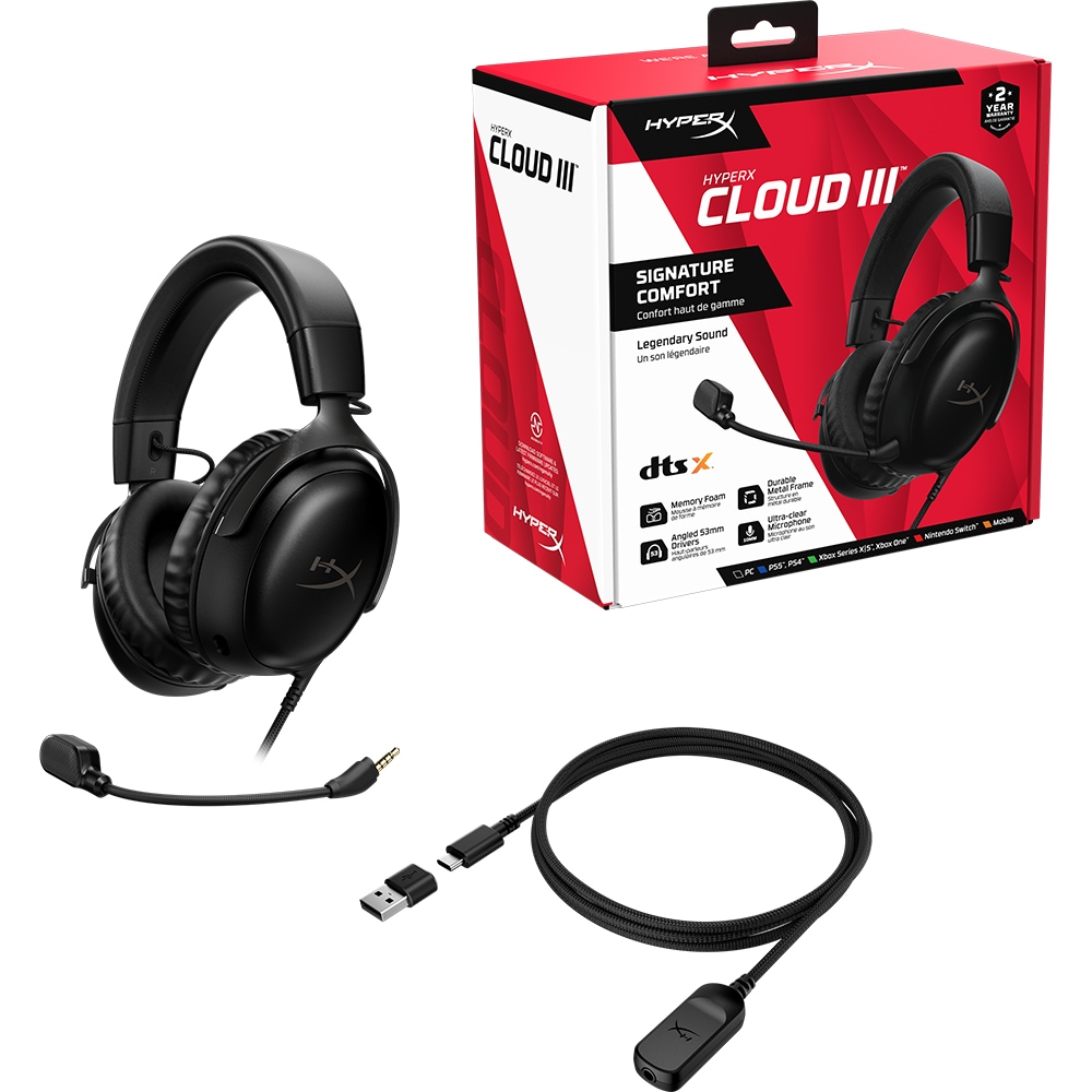 Casti Gaming HyperX Cloud III, DTS Headphone:X Spatial Audio, multiplatforma, 3.5mm, USB, negru
