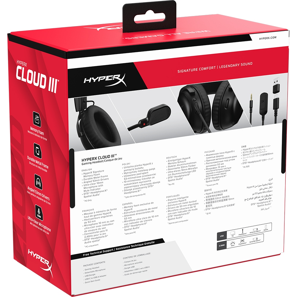 Casti Gaming HyperX Cloud III, DTS Headphone:X Spatial Audio, multiplatforma, 3.5mm, USB, negru