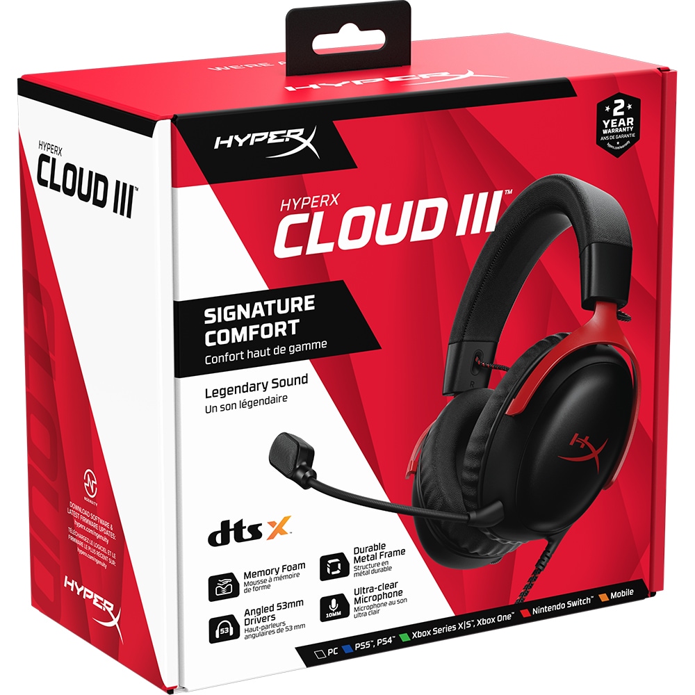 Casti Gaming HyperX Cloud III, DTS Headphone:X Spatial Audio, multiplatforma, 3.5mm, USB, negru-rosu