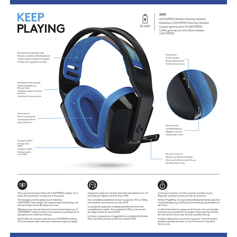 Casti Gaming Wireless LOGITECH G535 LIGHTSPEED, multiplatforma, negru-albastru