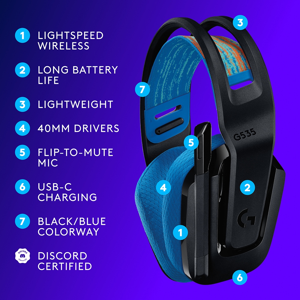 Casti Gaming Wireless LOGITECH G535 LIGHTSPEED, multiplatforma, negru-albastru