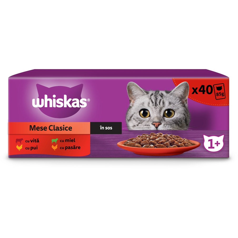 Hrana umeda pentru pisici WHISKAS Mese Clasice, Adult, Mix in sos, 40 x 85g