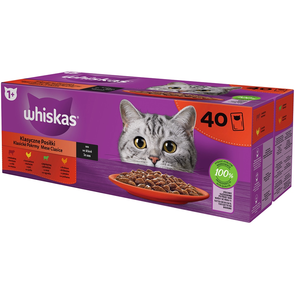 Hrana umeda pentru pisici WHISKAS Mese Clasice, Adult, Mix in sos, 40 x 85g