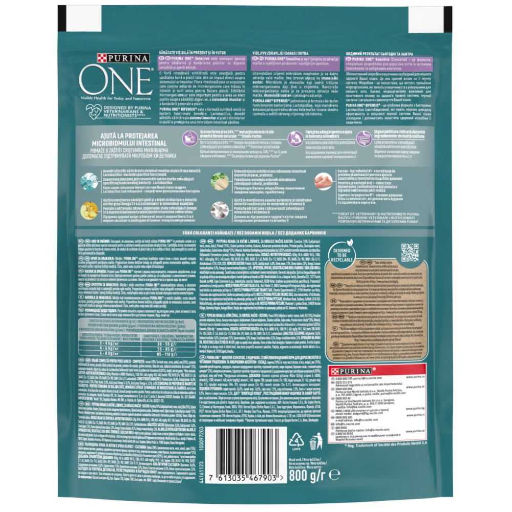 Hrana uscata pentru pisici PURINA ONE Sensitive, Curcan, 800 g