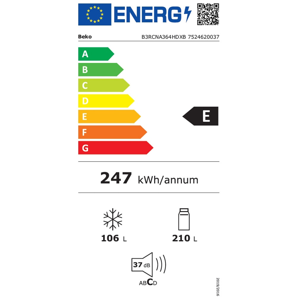 Combina frigorifica BEKO B3RCNA364HDXB, No Frost, 316 l, H 186.5 cm, Clasa E, Dozator apa, inox