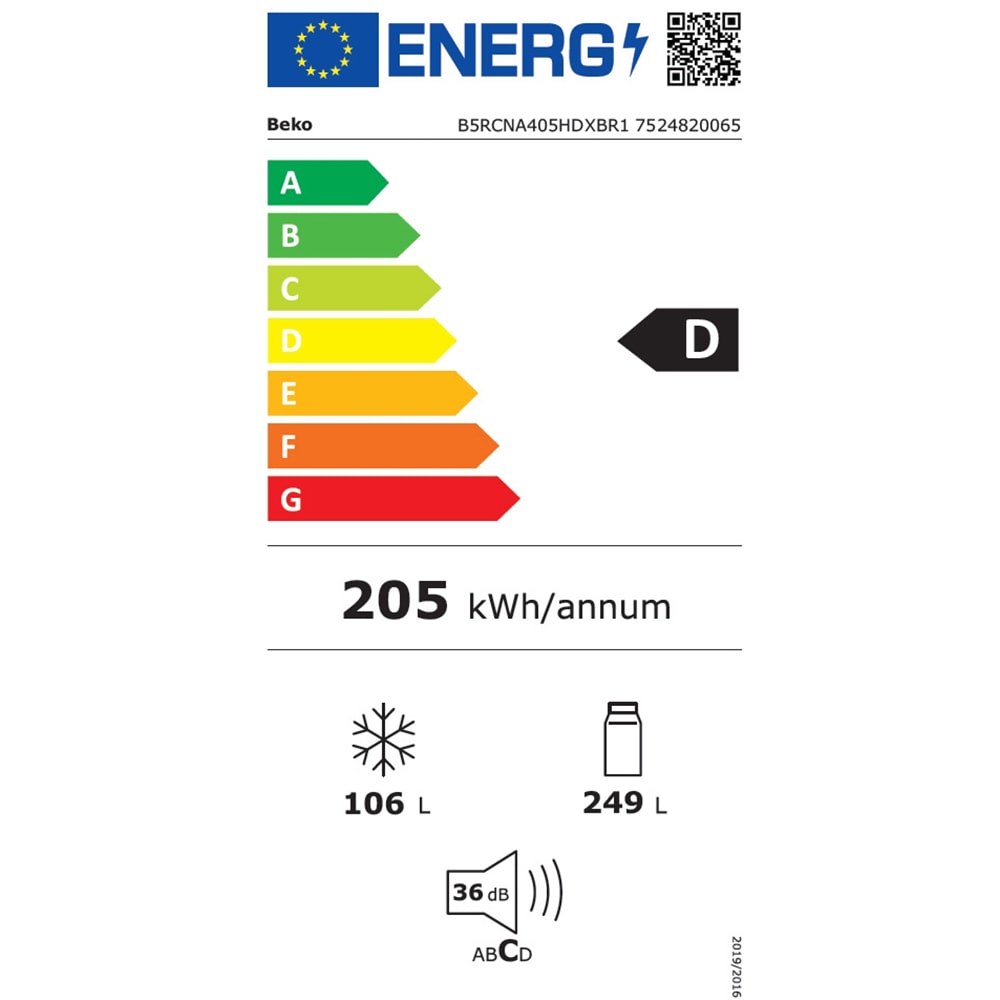 Combina frigorifica BEKO B5RCNA405HDXBR1, No Frost, 355 l, H 203 cm, Clasa D, Dozator apa, dark inox