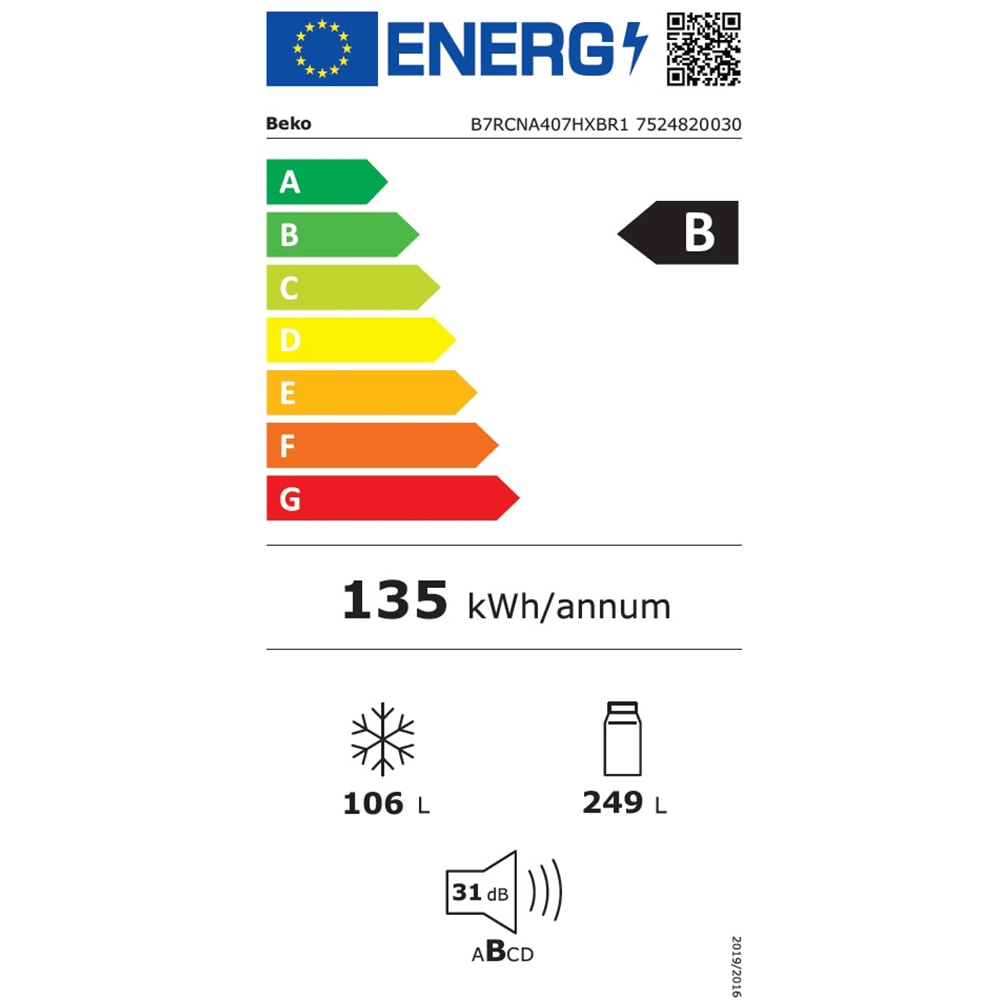 Combina frigorifica BEKO B7RCNA407HXBR1, No Frost, 355 l, H 204 cm, Clasa B, dark inox