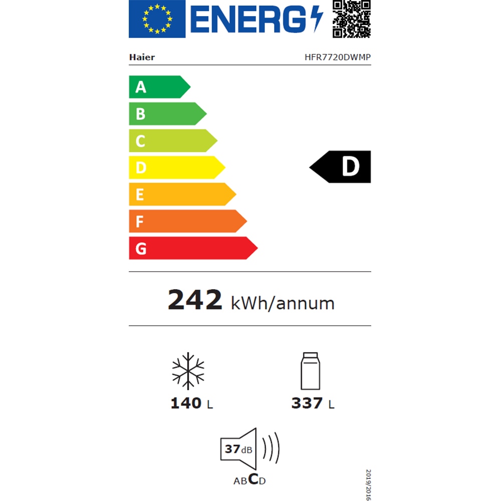 Side by Side HAIER HFR7720DWMP, Total No Frost, 477 l, H 201 cm, Clasa D, Dozator apa, inox