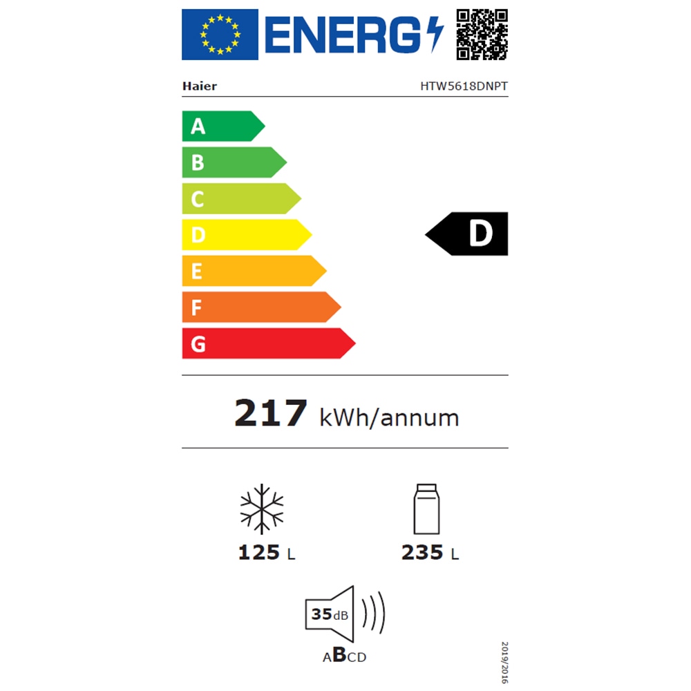 Combina frigorifica HAIER HTW5618DNPT, Total No Frost, 360 l, H 185 cm, Clasa D, Wi-Fi, negru