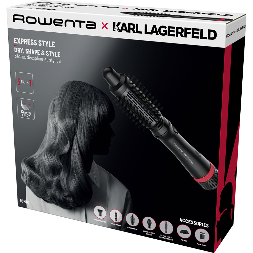 Perie cu aer cald ROWENTA X Karl Lagerfeld Express Style CF635LF0, 800W, 3 viteze, 3 trepte temperatura, Invelis Keratina, negru-rosu