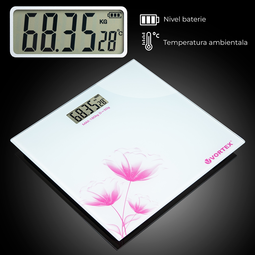 Cantar corporal VORTEX VO4803, 180kg, electronic, sticla securizata, alb