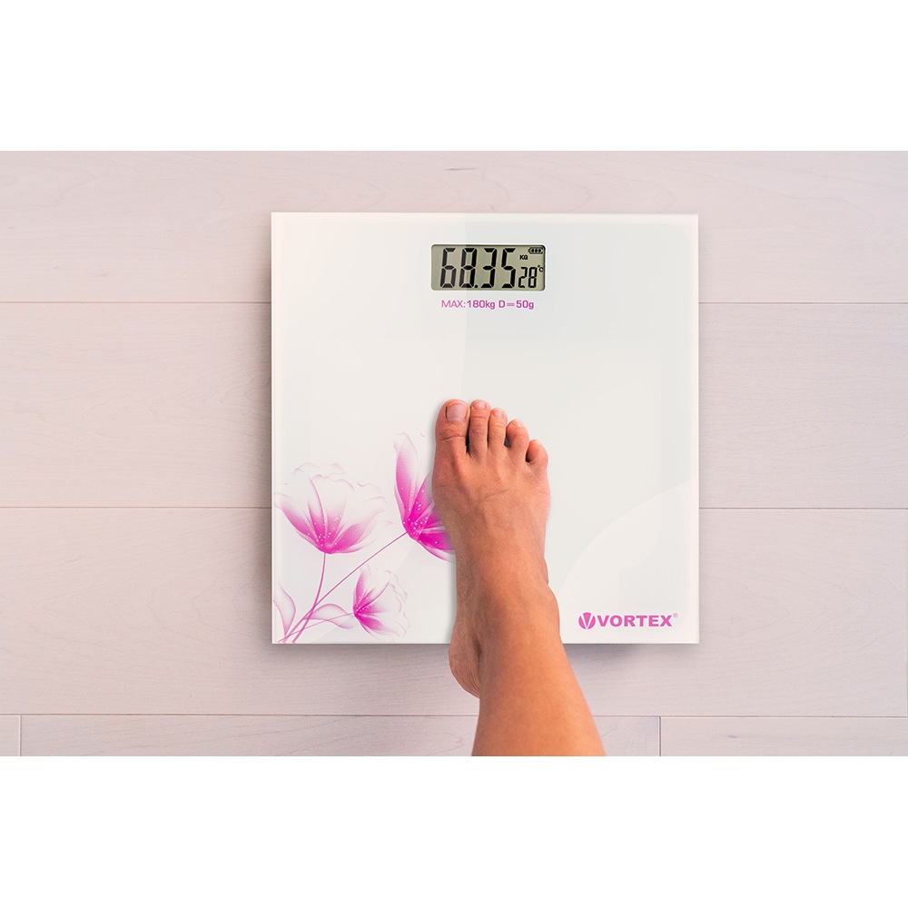Cantar corporal VORTEX VO4803, 180kg, electronic, sticla securizata, alb