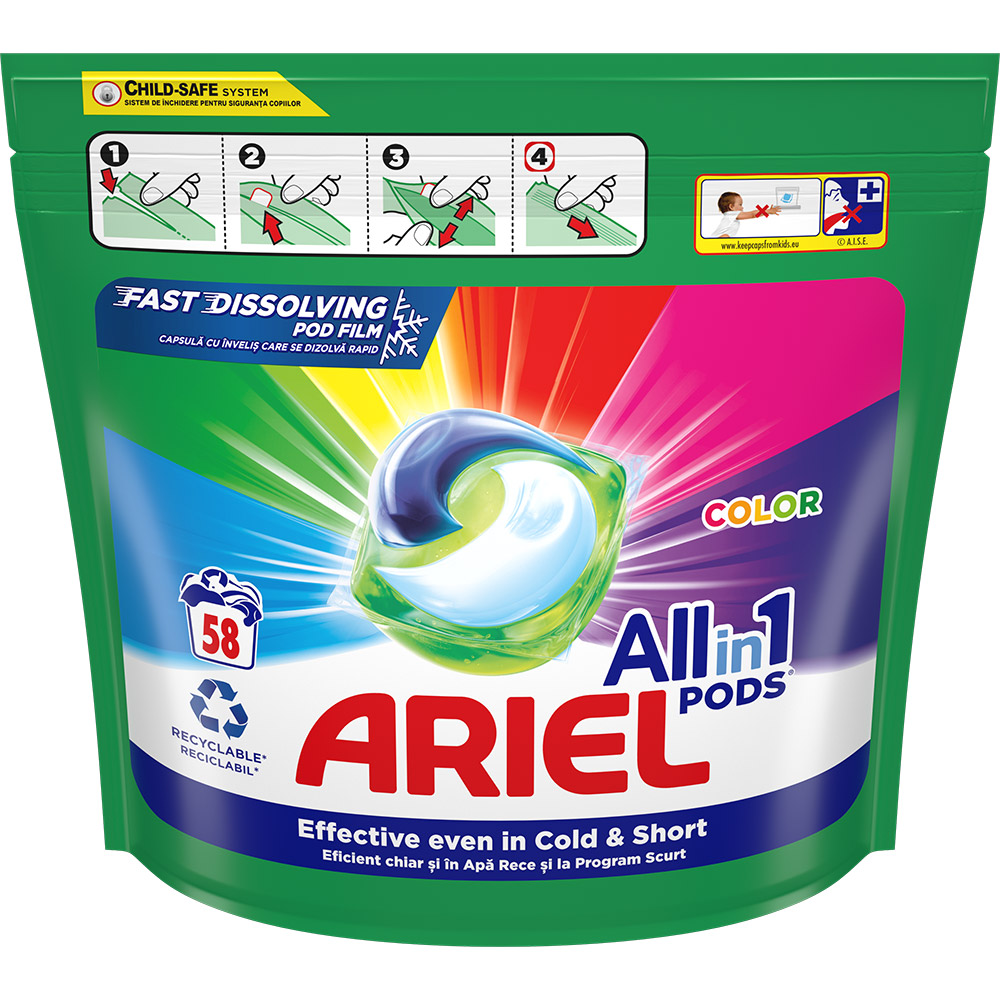 Detergent capsule ARIEL All in One PODS Color, 58 spalari