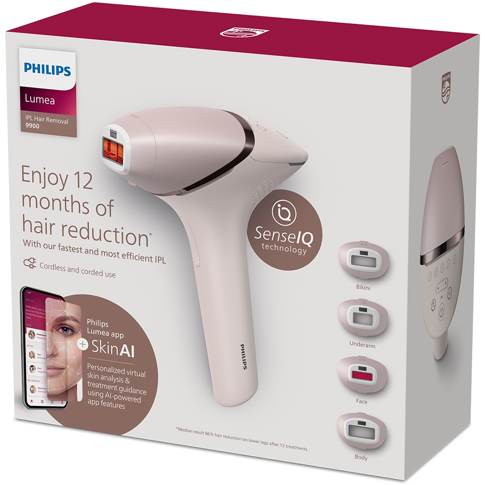 Epilator IPL PHILIPS Lumea Series 9900 BRI976/00, 450.000 de impulsuri, 4 accesorii, Senzor SmartSkin, acumulator, roz
