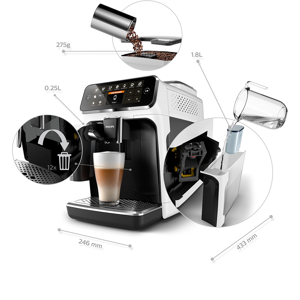 Espressor automat PHILIPS LatteGo Seria 4300 EP4343/51, 1.8l, 1500W, 15 bar, alb-negru
