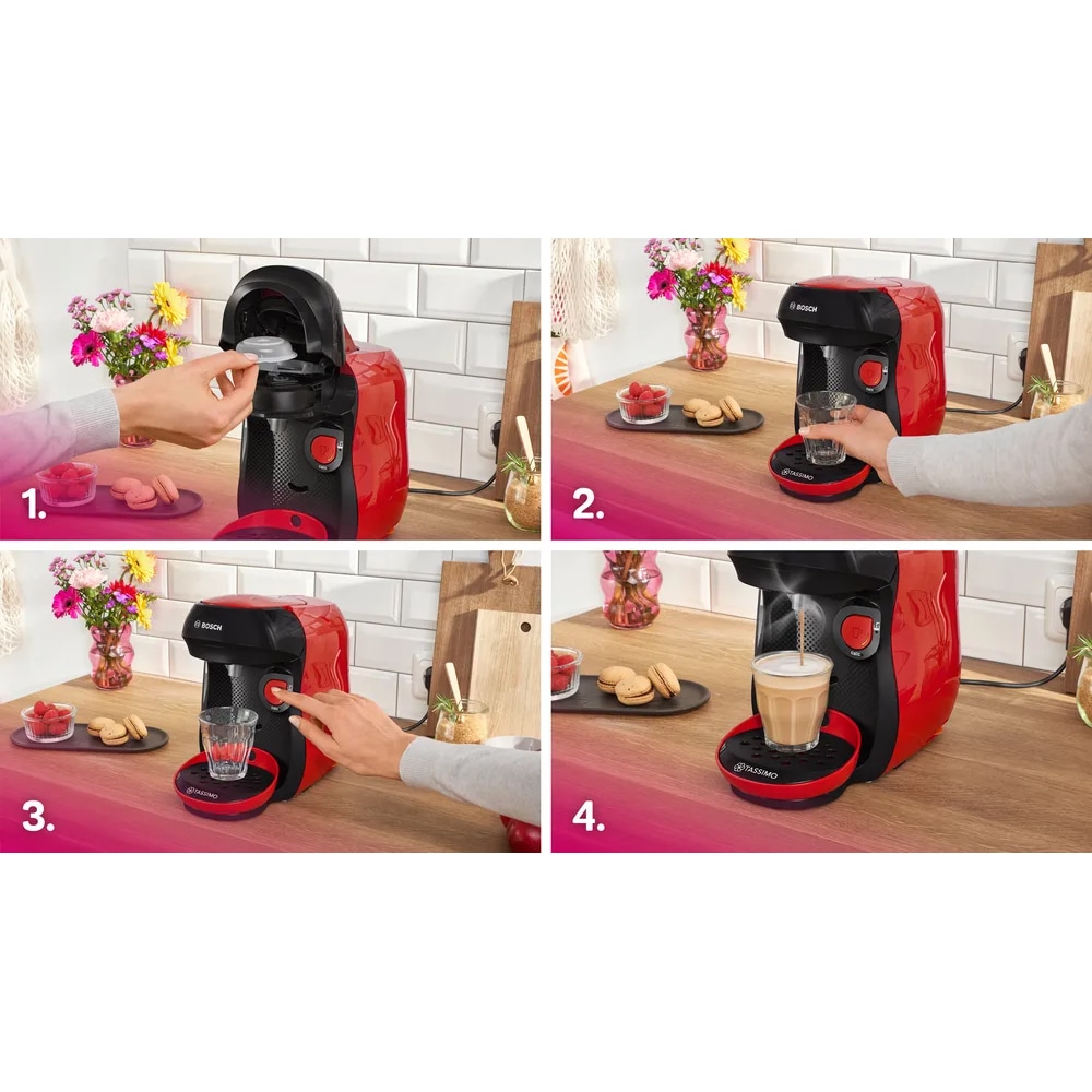 Espressor capsule BOSCH Tassimo Happy Friendly TAS103E, 0.7l, 1400W, rosu-negru 