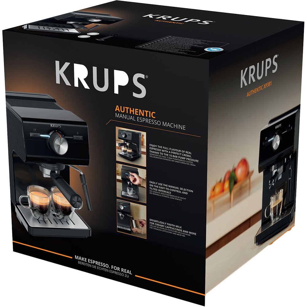 Espressor manual KRUPS Authentic XP381810, 2l, 15 bar, sistem Cappuccino, negru-argintiu