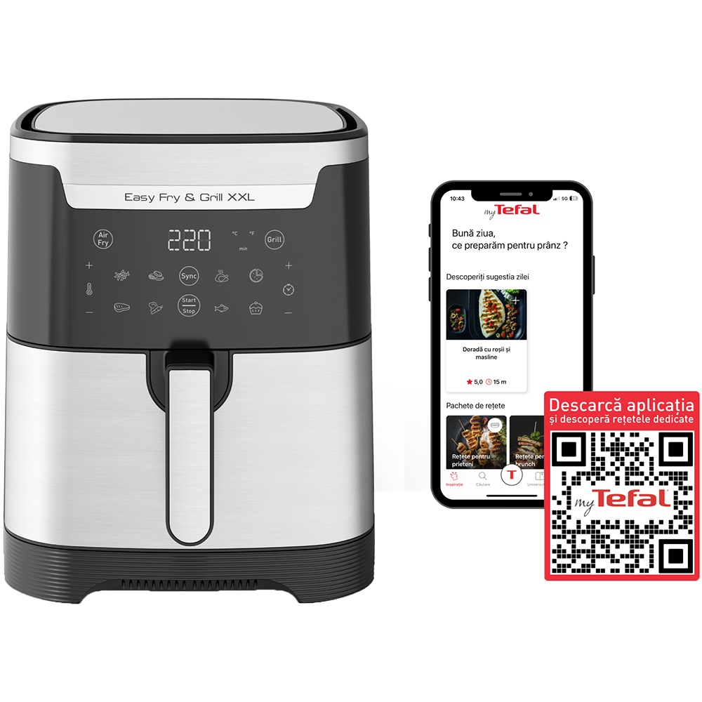 Friteuza cu aer cald TEFAL Easy Fry XXL Flexcook EY801D15, 1.5kg, 6.5l, 1830W, negru-argintiu