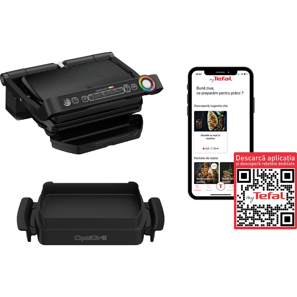 Gratar electric TEFAL OptiGrill+ Snacking&Baking GC714834, 2000W, 6 programe automate, negru