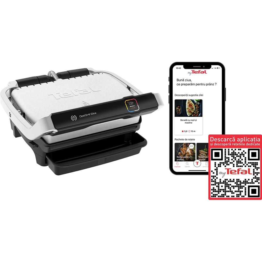 Gratar electric TEFAL OptiGrill Elite GC750D30, 2000W, 12 programe automate, argintiu-negru