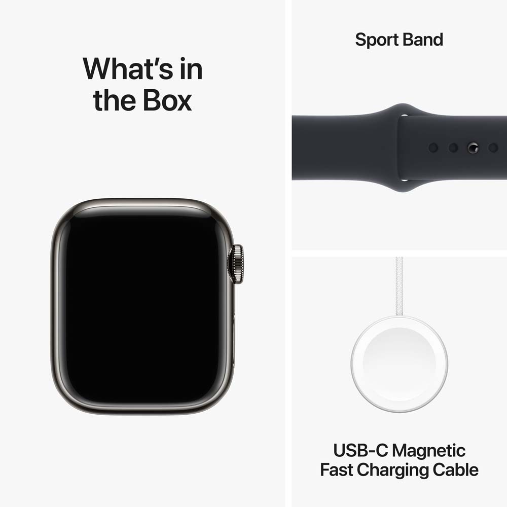 APPLE Watch Series 9, GPS + Cellular, 41mm Graphite Stainless Steel Case, Midnight Sport Band - S/M