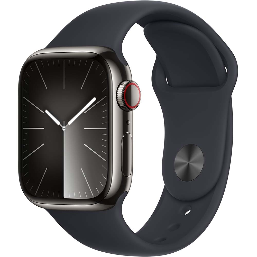 APPLE Watch Series 9, GPS + Cellular, 41mm Graphite Stainless Steel Case, Midnight Sport Band - S/M
