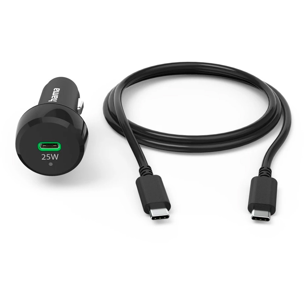 Incarcator auto HAMA 201614, 1xUSB-C, Power Delivery (PD), 25W, negru