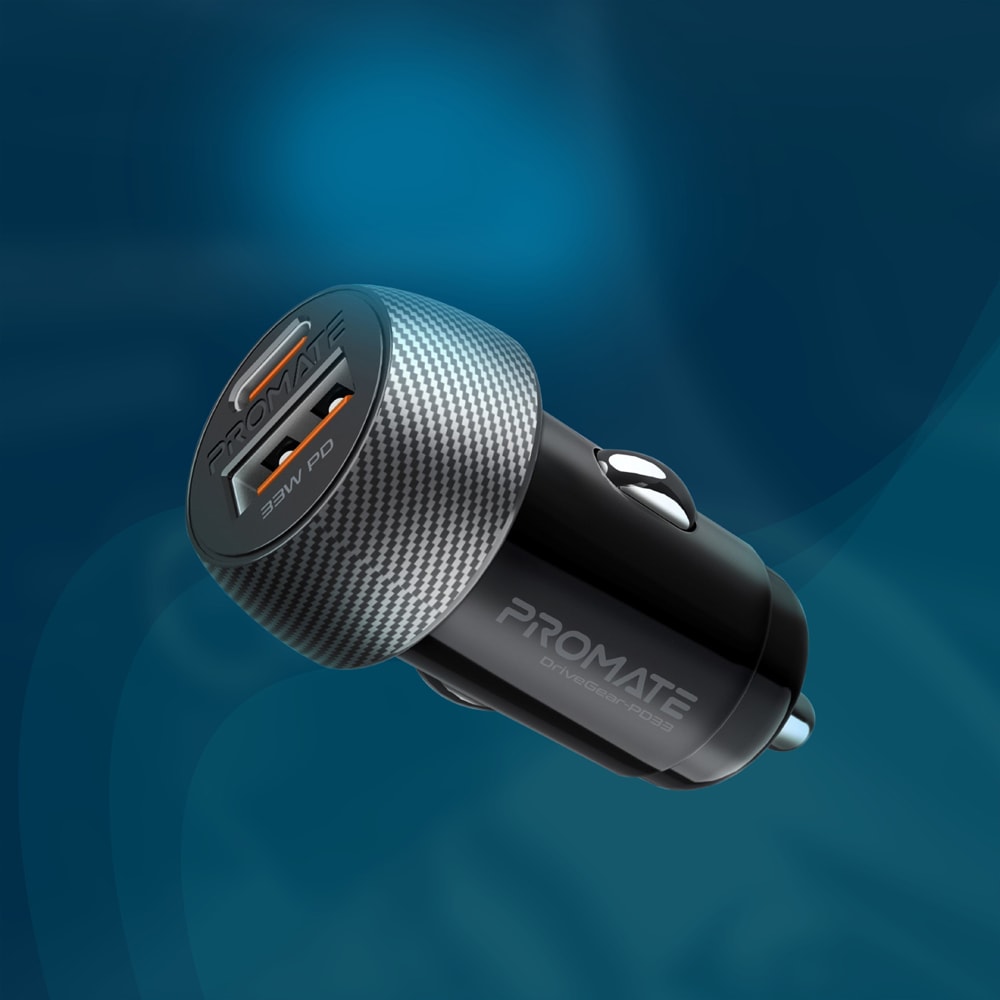 Incarcator auto PROMATE DriveGear-PD33, 1xUSB-C Power Delivery 33W, 1xUSB-A Quick Charge 18W, negru