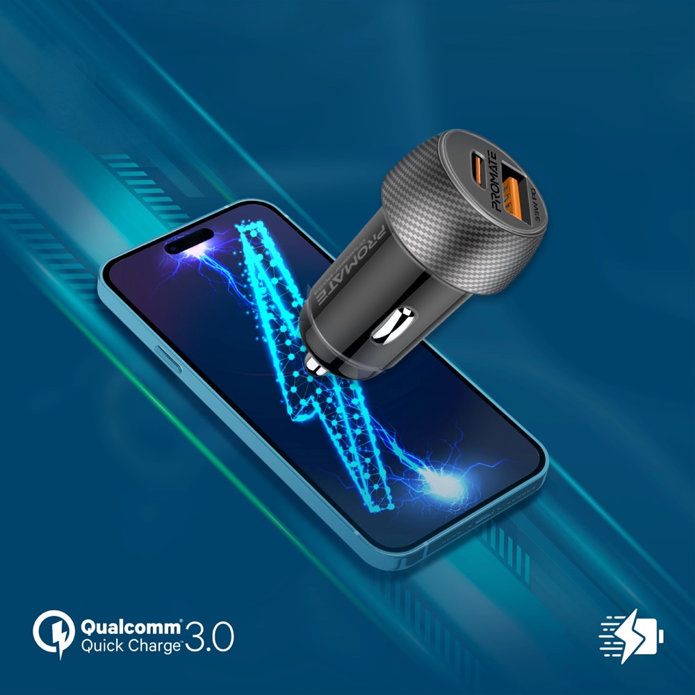 Incarcator auto PROMATE DriveGear-PD33, 1xUSB-C Power Delivery 33W, 1xUSB-A Quick Charge 18W, negru
