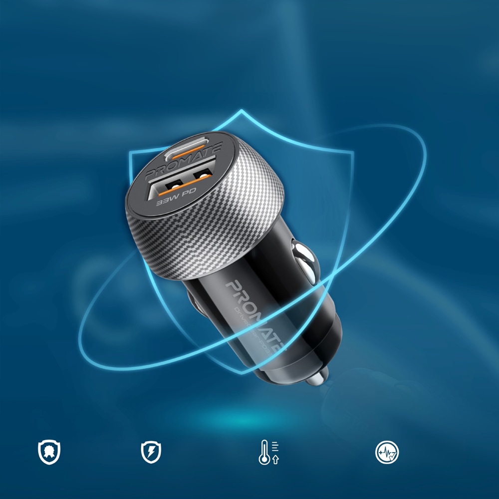 Incarcator auto PROMATE DriveGear-PD33, 1xUSB-C Power Delivery 33W, 1xUSB-A Quick Charge 18W, negru