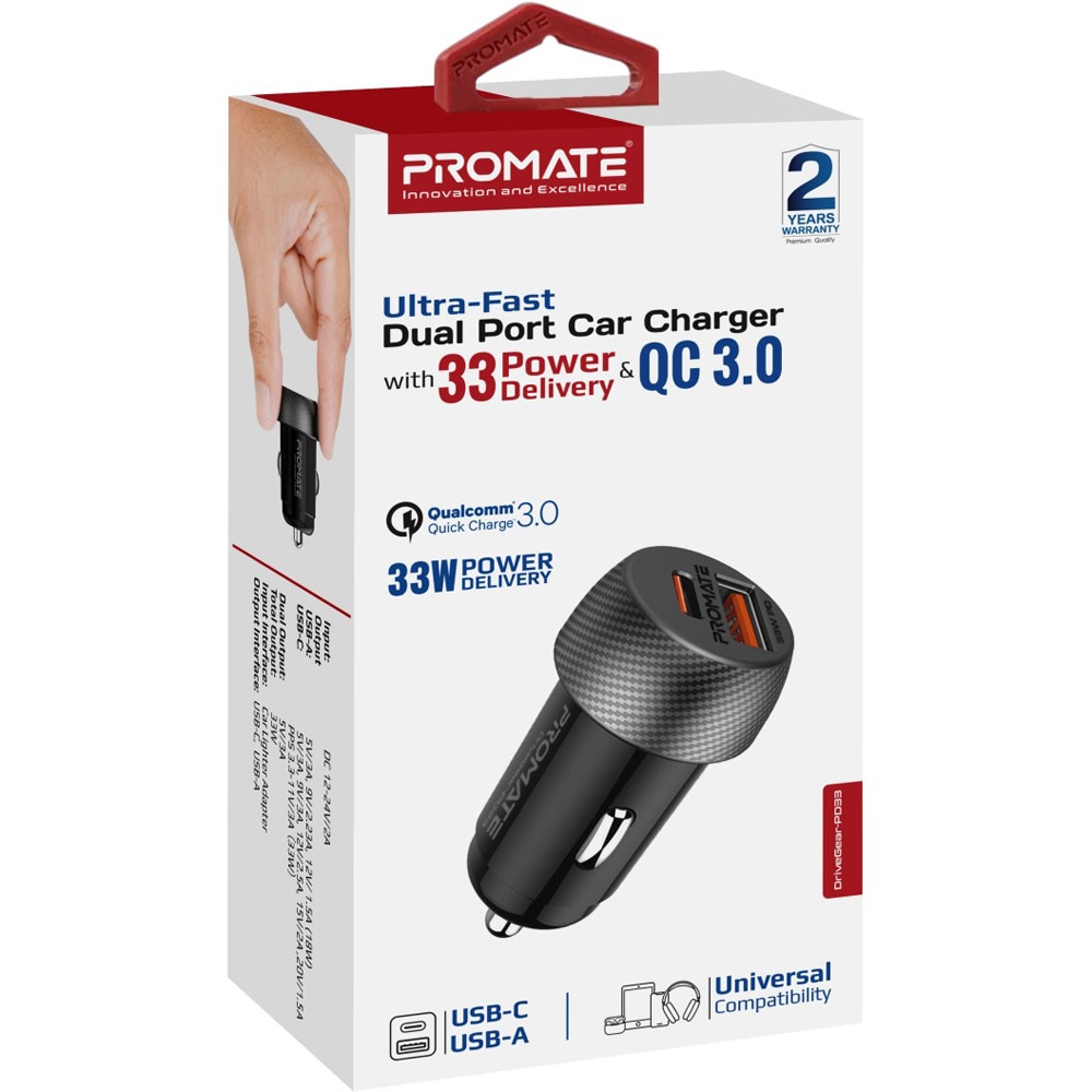 Incarcator auto PROMATE DriveGear-PD33, 1xUSB-C Power Delivery 33W, 1xUSB-A Quick Charge 18W, negru