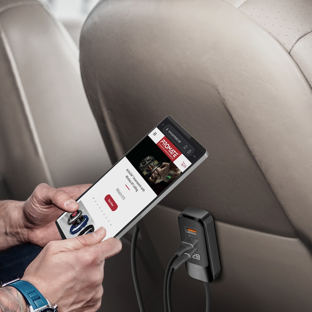 Incarcator auto PROMATE GearHub-120W, 2x30W USB-C Power Delivery, 2x 30W USB-A Quick Charge, negru