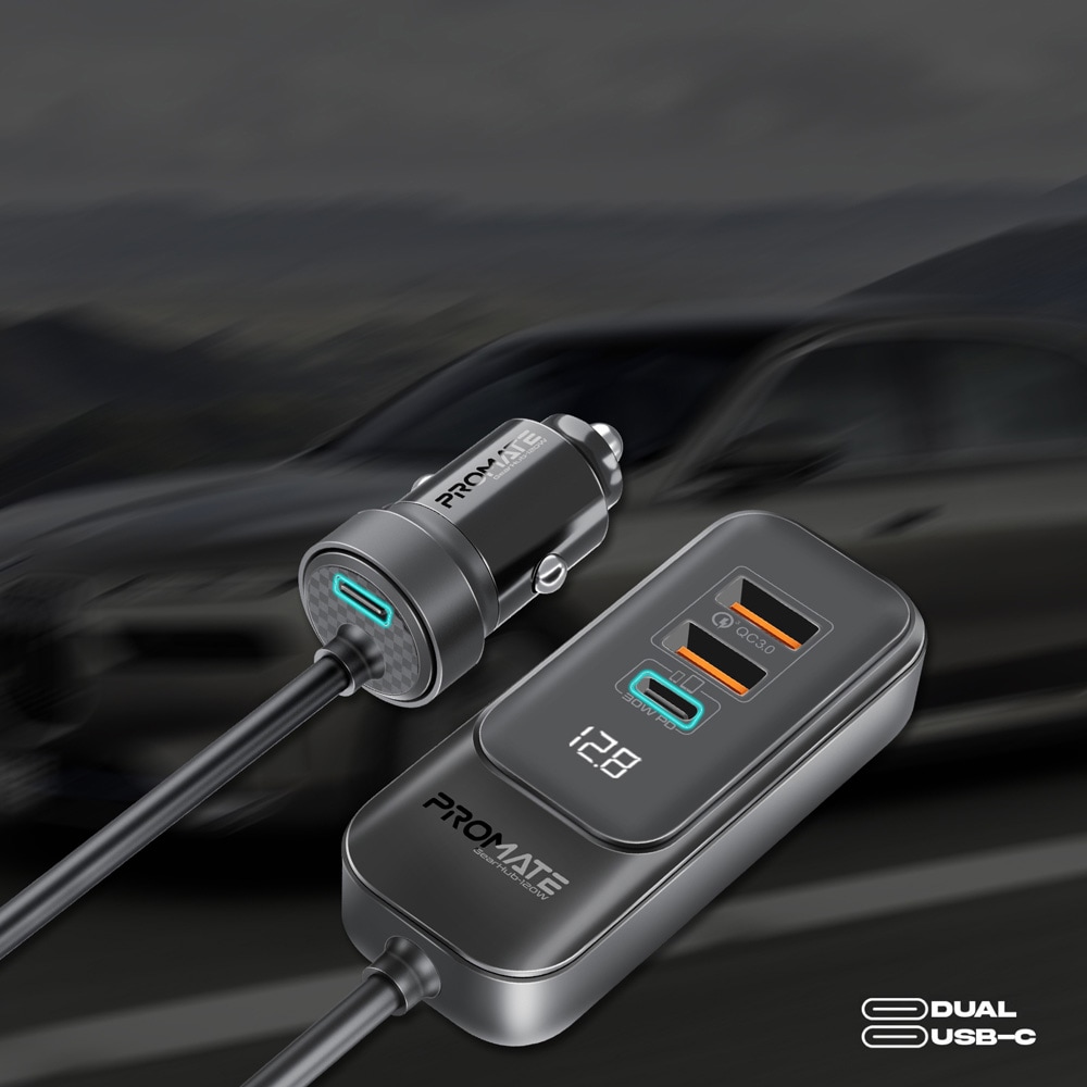 Incarcator auto PROMATE GearHub-120W, 2x30W USB-C Power Delivery, 2x 30W USB-A Quick Charge, negru