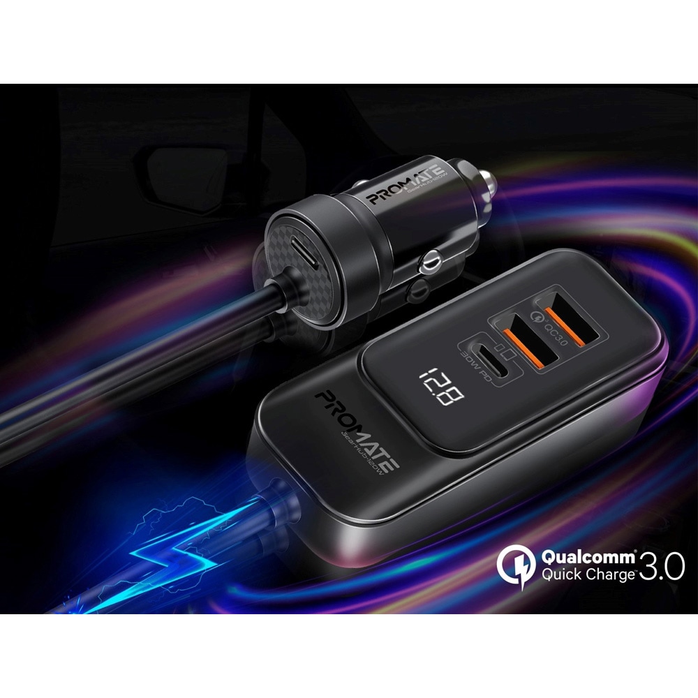 Incarcator auto PROMATE GearHub-120W, 2x30W USB-C Power Delivery, 2x 30W USB-A Quick Charge, negru