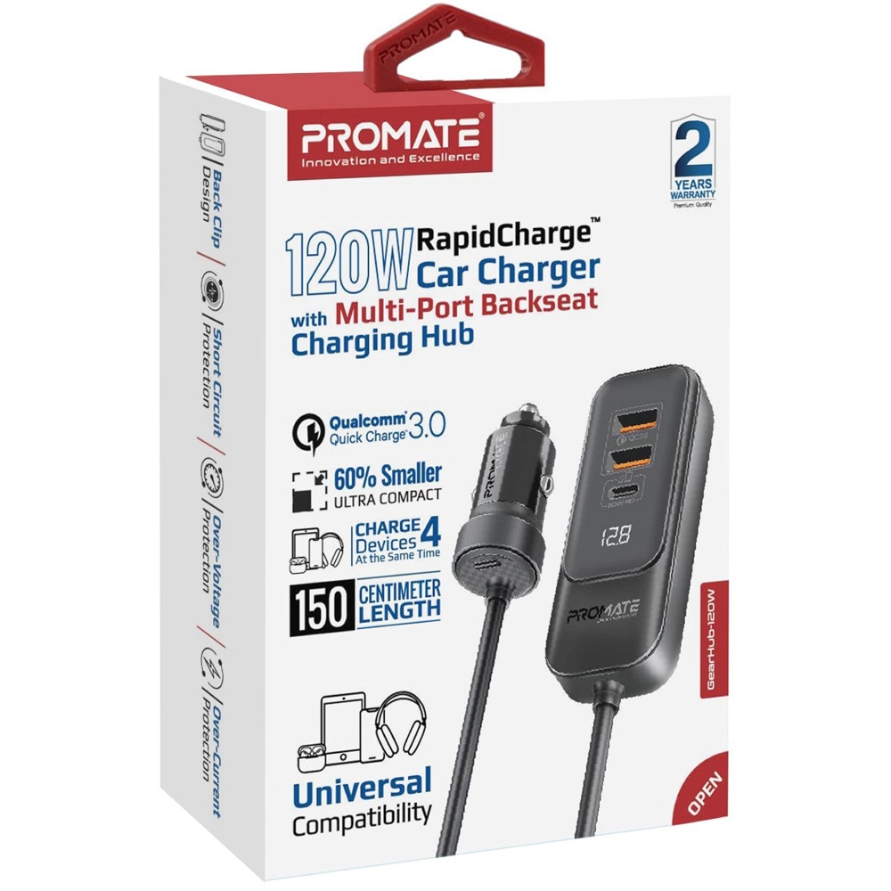 Incarcator auto PROMATE GearHub-120W, 2x30W USB-C Power Delivery, 2x 30W USB-A Quick Charge, negru