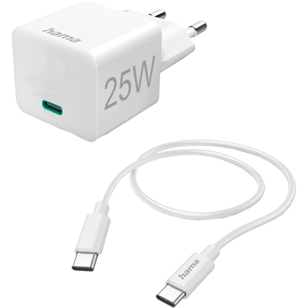 Incarcator retea HAMA 201624, 1xUSB-C, Power Delivery (PD), 25W, cablu USB-C, alb